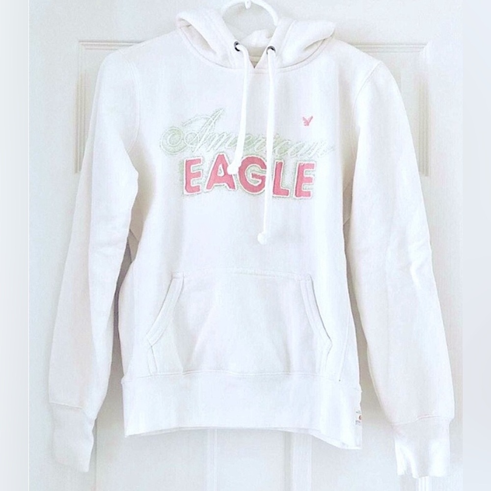 🤍 NEW AE COZY WHITE HOODED SWEATSHIRT W/ FRONT POCKET & LARGE LOGO